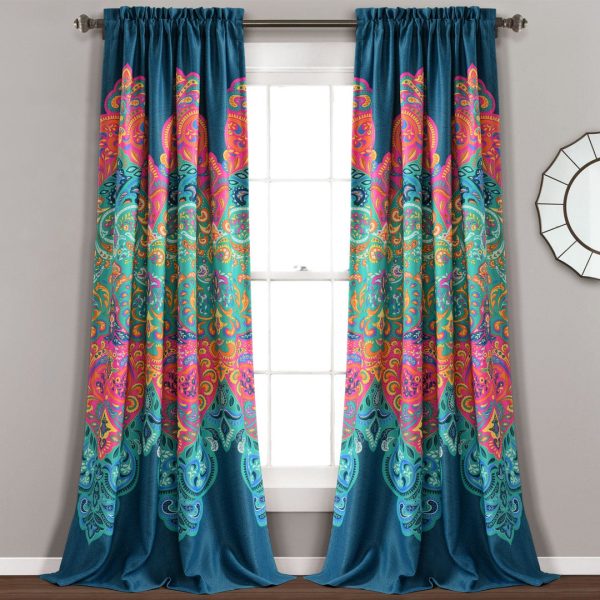 Boho Chic Light Filtering Window Curtain Panel Set - Turquoise Navy