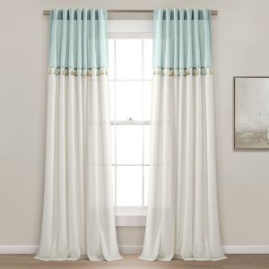 Boho Faux Linen Tassel Color Block Window Curtain Panel Set - Blue Off-White