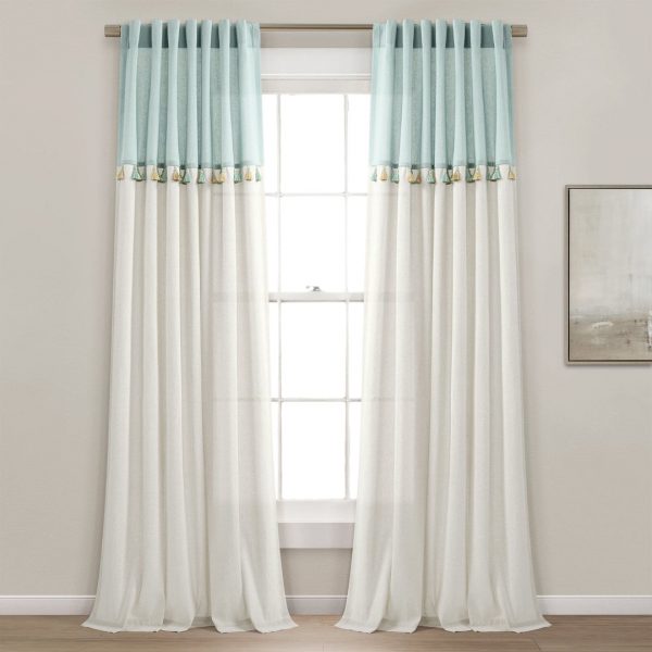 Boho Faux Linen Tassel Color Block Window Curtain Panel Set - Blue Off-White