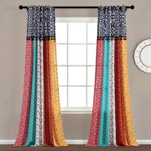 Boho Patch Window Curtain Panel Set - Navy Multi