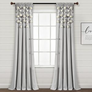 Boho Pom Pom Tassel Faux Linen Window Curtain Panel - Light Gray