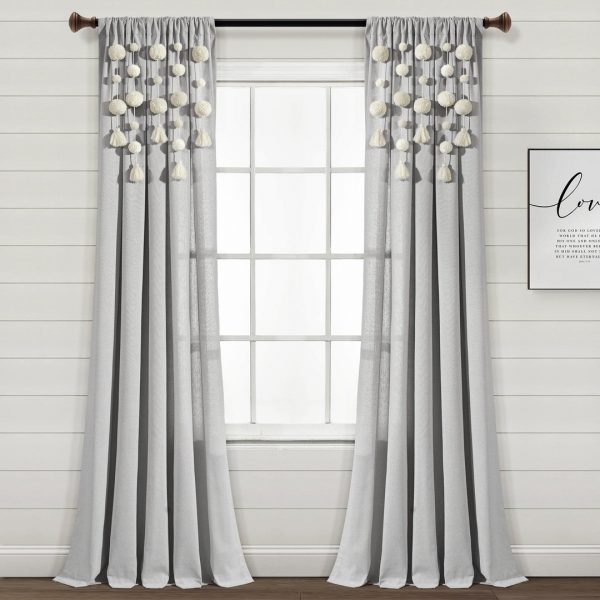 Boho Pom Pom Tassel Faux Linen Window Curtain Panel - Light Gray