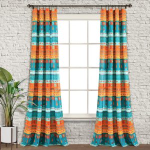 Boho Watercolor Border Window Curtain Panel Set - Turquoise Multi