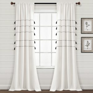 Farmhouse Boho Stripe Woven Tassel Yarn Dyed Recycled Cotton Blend Window Curtain Panel Set - Ivory Black