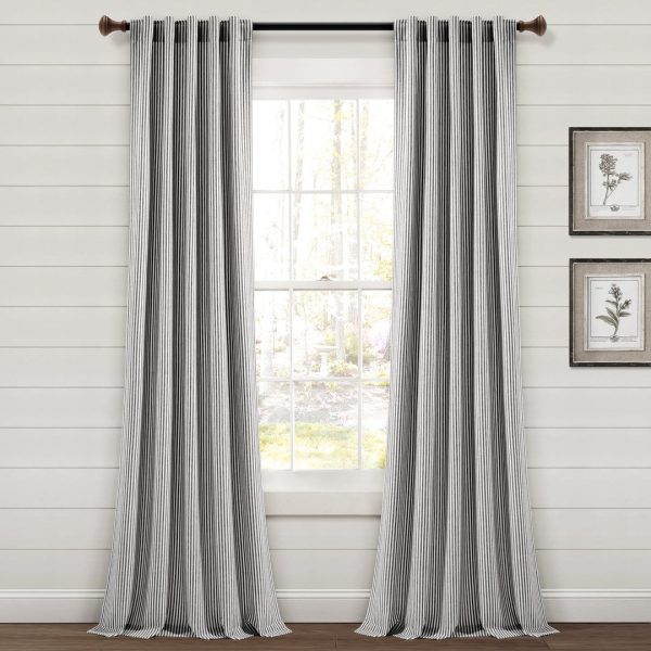 Farmhouse Vintage Stripe Recycled Cotton Blend Window Curtain Panel Set - Black