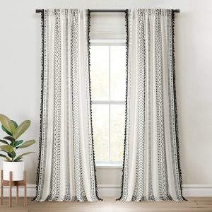 Hygge Boho Stripe Tassel Window Curtain Panel Set - Black Off-White
