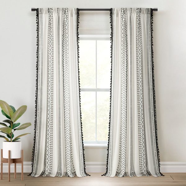 Hygge Boho Stripe Tassel Window Curtain Panel Set - Black Off-White
