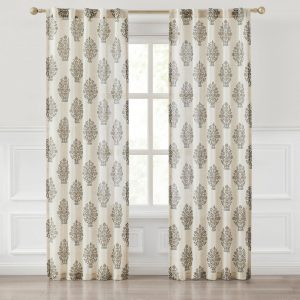 Sofia Flower Block Bouquet Linen Textured Window Curtain Panels - Clay/Teal