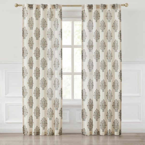 Sofia Flower Block Bouquet Linen Textured Window Curtain Panels - Clay/Teal