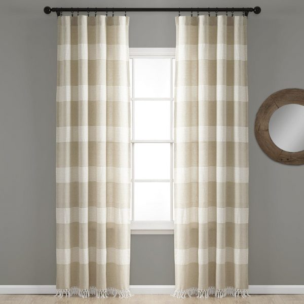 Tucker Stripe Yarn Dyed Knotted Tassel Window Curtain Panel Set - Taupe